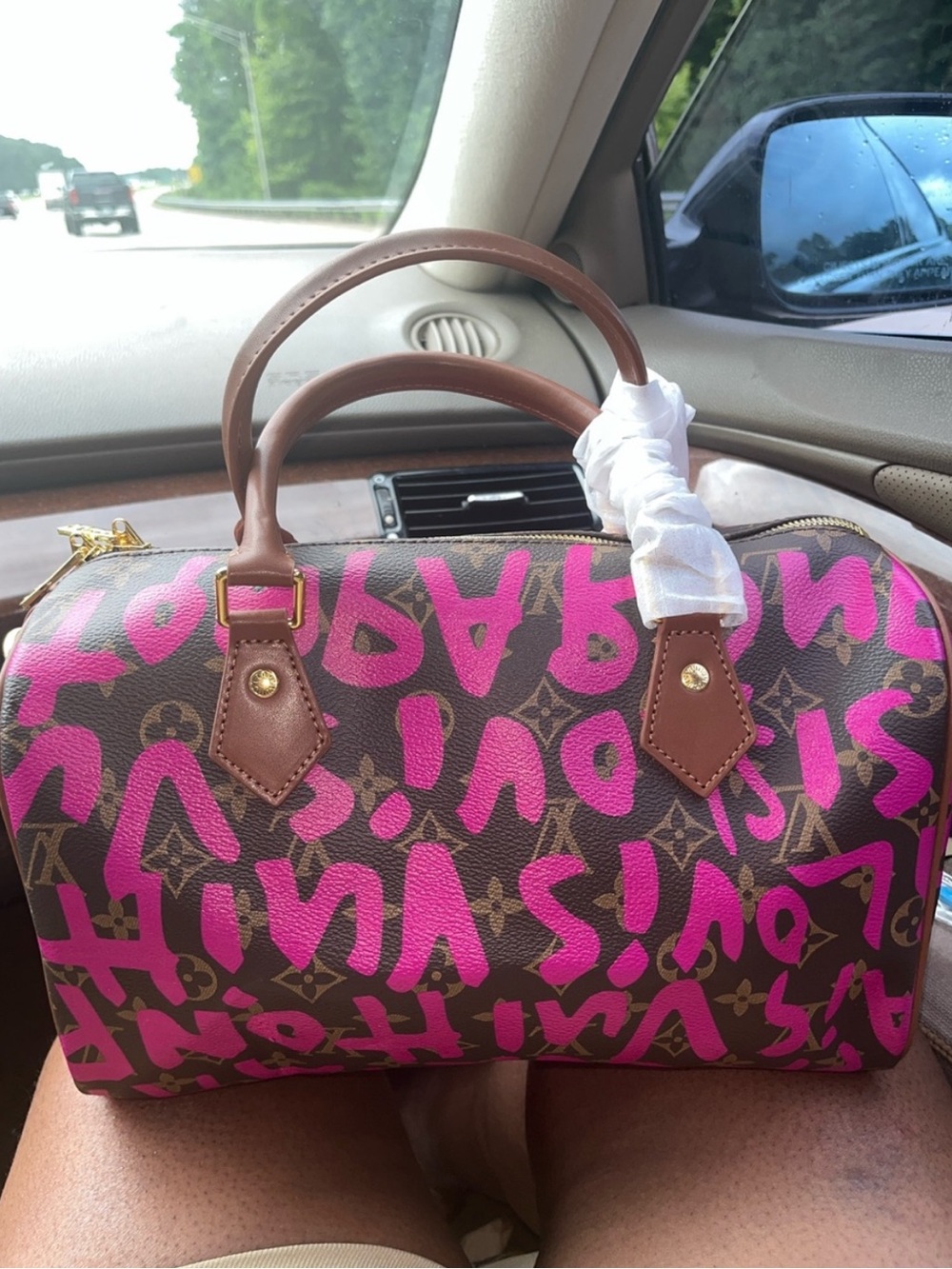 Cute fashion Brown Satchel with Pink Graffiti Accent